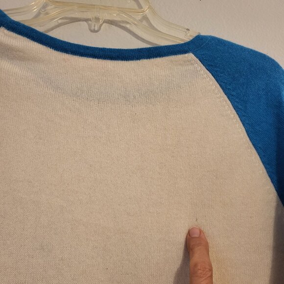 Knitwit 100% cashmere "ROCK' Sweater Creme w/Turquoise long sleeves Nepal Medium - Picture 9 of 10